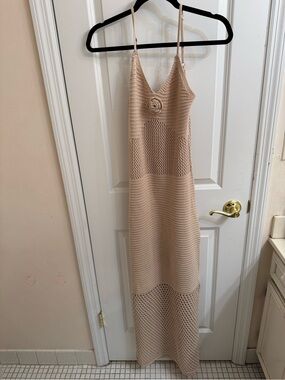Neutral Crochet Maxi Dress with Spaghetti Straps